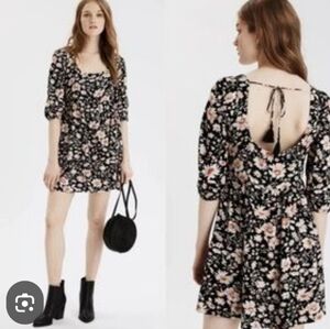 American Eagle Floral Babydoll Mini Dress XL Black Daisy Puff Sleeve Tassel Back